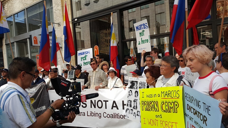 Protesters gathered in multiple US cities last week to protest a plan by Philippines President Rodrigo Duterte to re-bury former dictator Ferdinand Marcos in a national cemetery for military heroes. (Photo courtesy of Ron Arrieta and Abner Galino.)