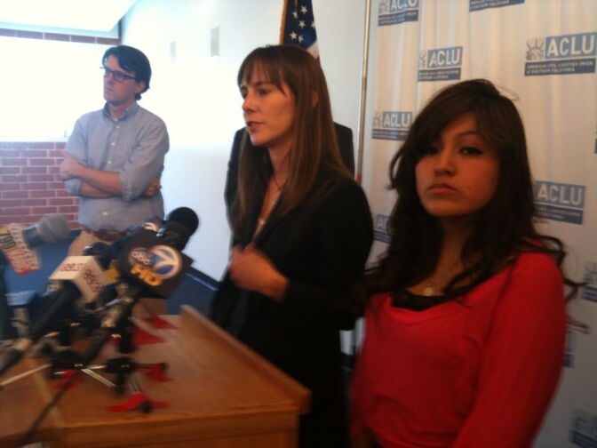 Isaura Garcia, right, stands with her attorney Jennie Pasquarella of the American Civil Liberties Union.
