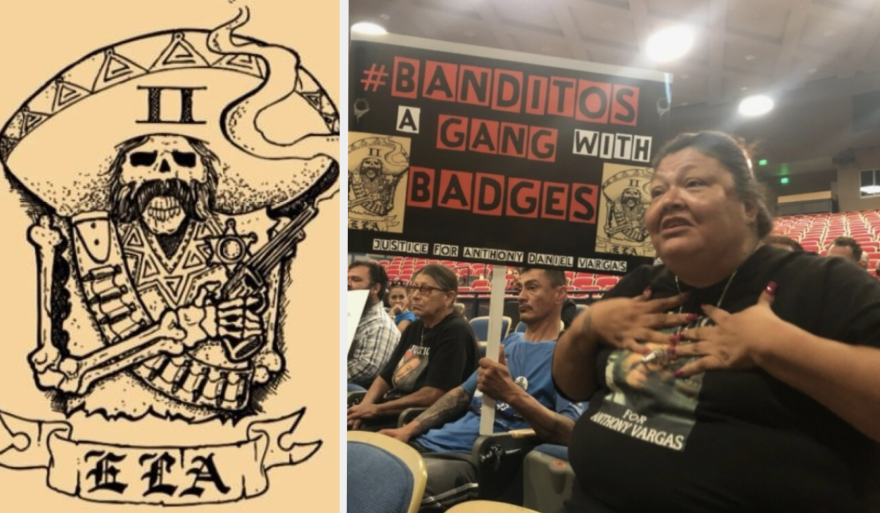 At left, a skeleton with a handlebar mustache wears a sombrero and carries a gun with a bullet strapped across its shoulder. ELA is at the bottom. At right, a woman with medium-tone skin clutches her chest as she speak in a room. Behind her a man holds a sign that reads: Banditos a gang with badges
