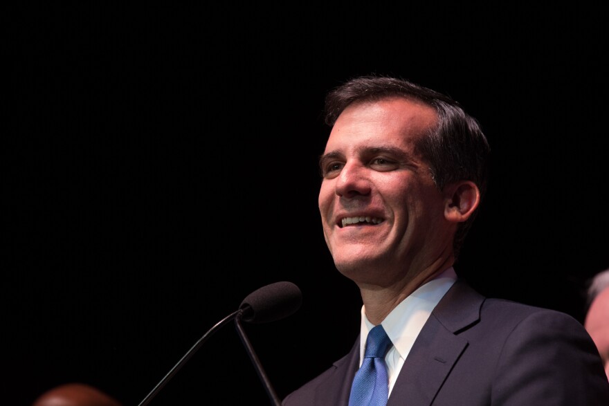 Eric Garcetti delivers a speech on May 21, 2013.