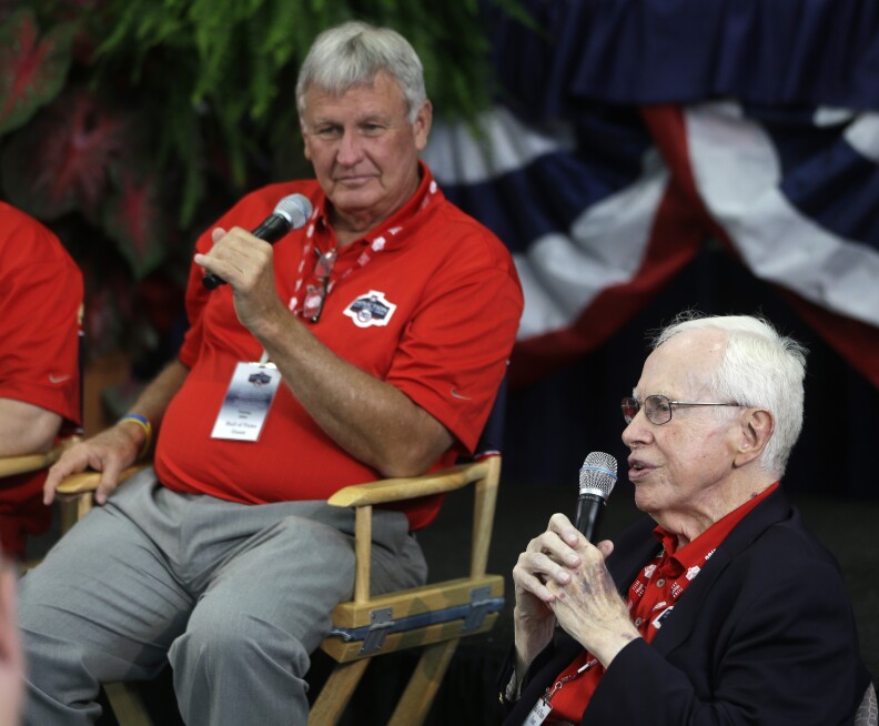 Dr. Frank Jobe, right, known for the development of the historic elbow procedure known as “Tommy John Surgery,” speaks during a news conference as Tommy John, left, listens, on Saturday, July 27, 2013, in Cooperstown, N.Y.  (AP Photo/Mike Groll)