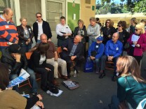 L.A. City Councilman Mike Bonin (center) meets with Brentwood residents frustrated by the increasing traffic on Sunset Boulevard near the I-405.