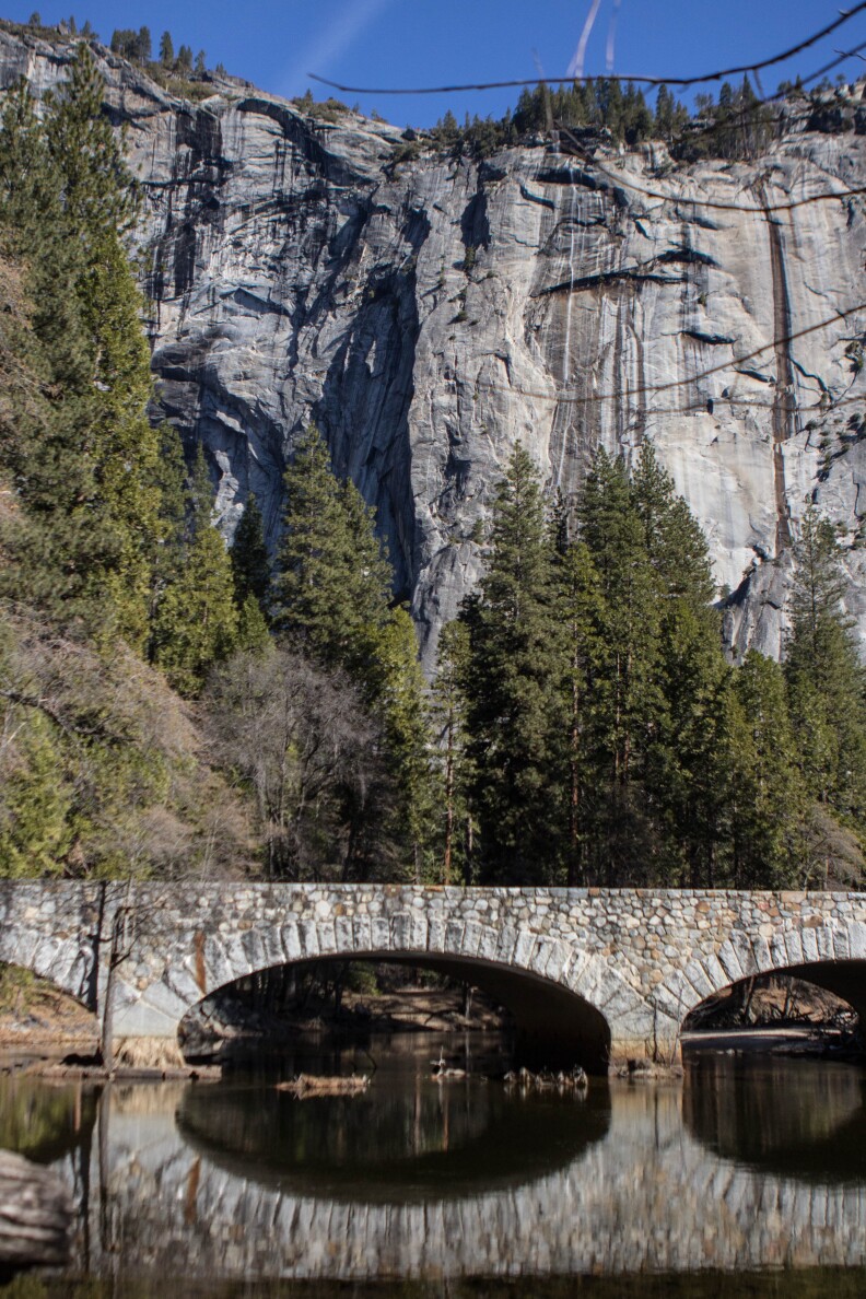 The Ahwahnee Bridge, one of three old stone bridges that cross the Merced River. Under the National Park Service plan, this bridge would remain in place. Another bridge, the Sugar Pine Bridge, would be removed.