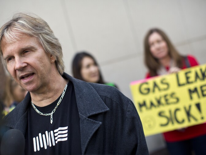 File: Matt Pakucko, president and co-founder of Save Porter Ranch, speaks to the media during a press conference on a gas leak in Porter Ranch after a regular Los Angeles County Board of Supervisors meeting on Tuesday, Nov. 24, 2015.