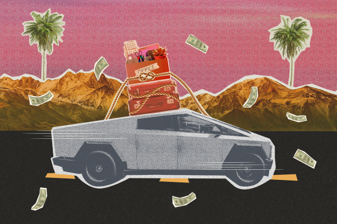 Collage of a tesla cybertruck driving on the road with palm trees and dollar bills flying around