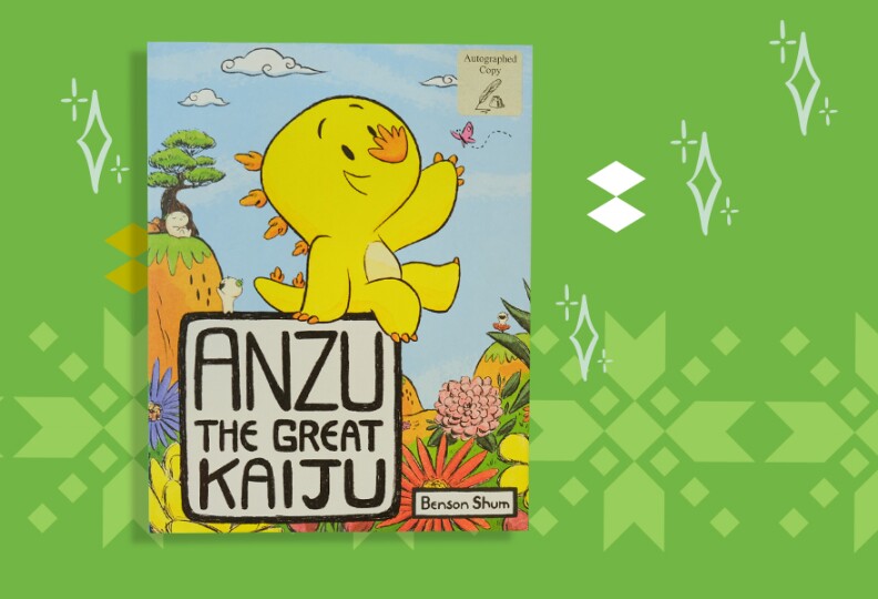 A book cover depicting a yellow dinosaur-like monster with orange spikes reaching toward a pink butterfly. The title reads Anzu The Great Kaiju.