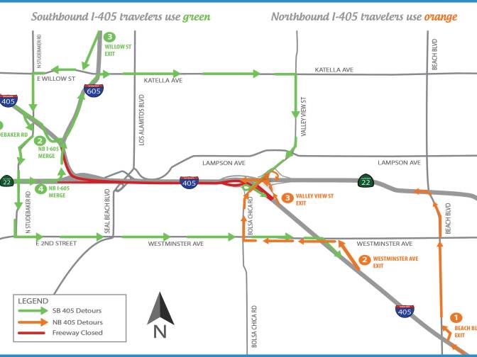 Portions of the 405 freeway will be closed this weekend. This map shows the closures and available detours. 