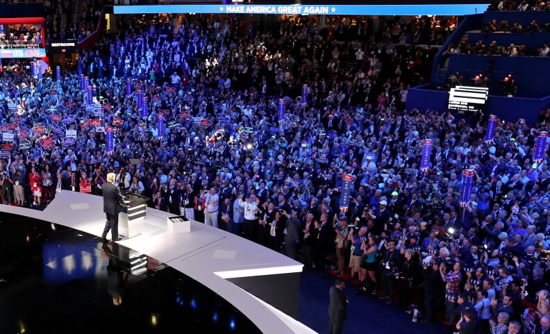 CLEVELAND, OH - JULY 18:  Presumptive Republican presidential nominee Donald Trump introduces his wife Melania on the first day of the Republican National Convention on July 18, 2016 at the Quicken Loans Arena in Cleveland, Ohio. An estimated 50,000 people are expected in Cleveland, including hundreds of protesters and members of the media. The four-day Republican National Convention kicks off on July 18.  (Photo by Chip Somodevilla/Getty Images)