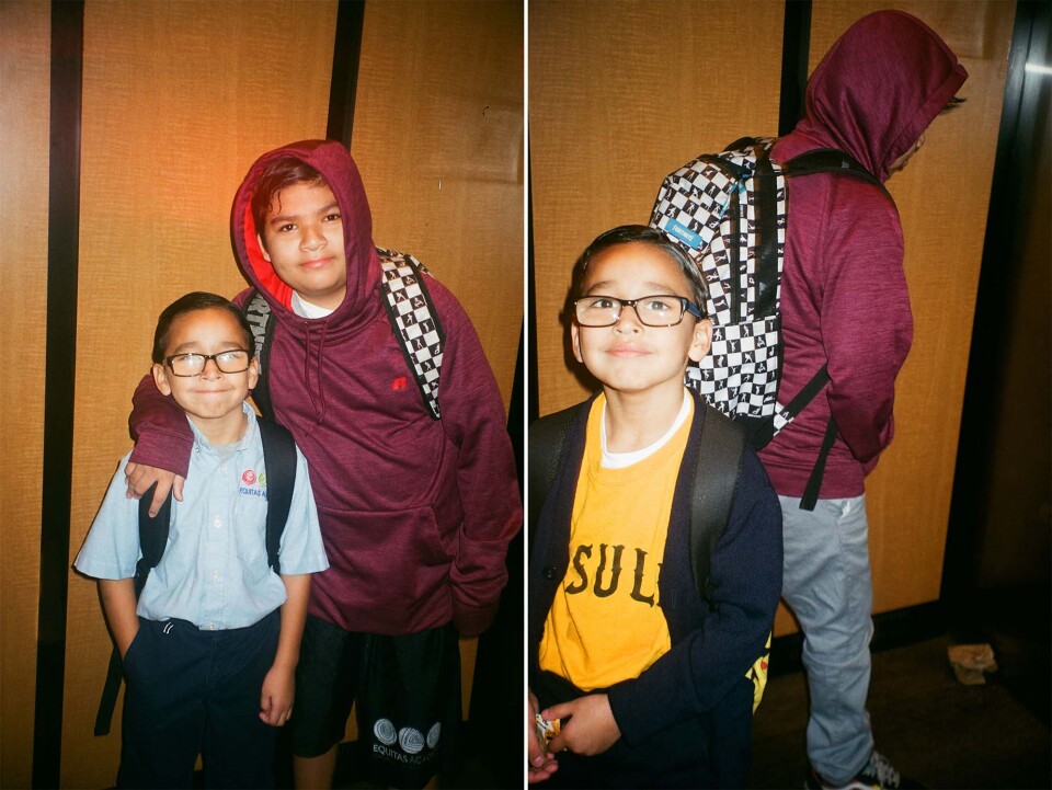 From left: An image of Aurora's two sons smiling with the older son's arm around the other, and an image of her younger son smiling at the camera while the older son walks away.