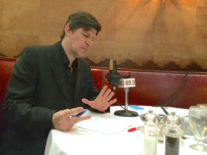 Host John Rabe preparing for a day of radio at Musso & Frank