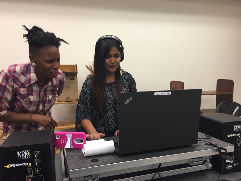 DJ Daydreams a.k.a. 19-year-old Isabel Cisneros receives guidances from instructor DJ Lynée Denise.