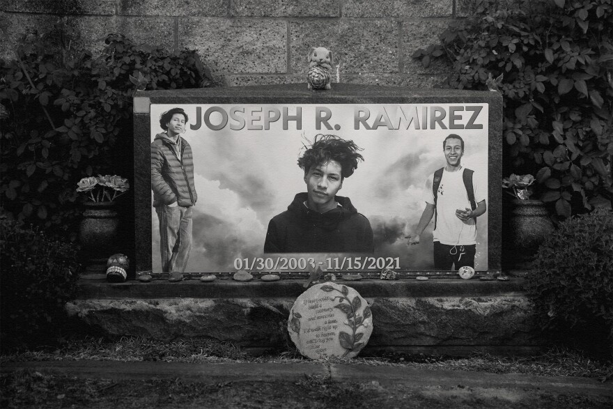 A black and white photo collage with three photos of a young man. The collage has the name Joseph R. Ramirez on it with the dates January 20, 2003 to November 15, 2021.