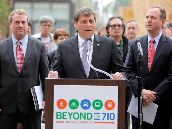 Glendale Mayor and  Metro Board Member Ara Najarian at a press conference discussing their alternative plan for the 710 Freeway on May 28, 2015 at downtown's Union Station. 