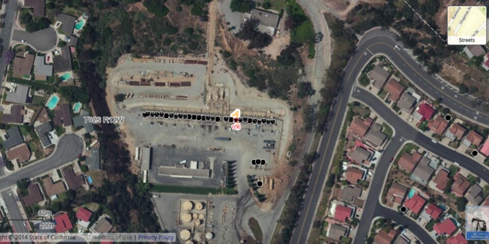 The line of dots indicate gas storage and oil extraction wells on the grounds of the Montebello Natural Gas Storage Facility in Montebello. 