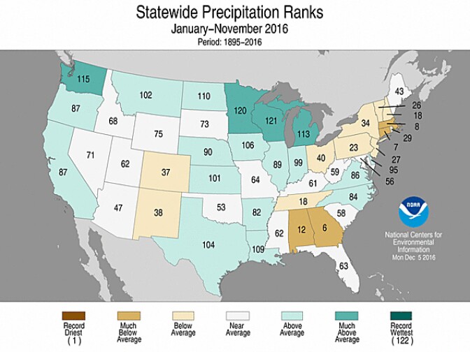 California has gotten above average precipitation since January 2016. The ranking, 87, means 2016 is the 35th wettest year since NOAA began keeping track in 1895.