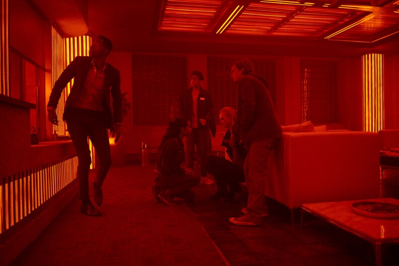 (l to r) Jay Ellis, Taylor Russell, Nick Dodani, Deborah 
Ann Woll and Logan Miller  star in ESCAPE ROOM.