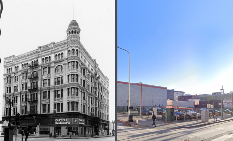 A side-by-side image. On the left, a black and white photo of a 6-story turreted Victorian building. On the right, a color photo of a parking lot.