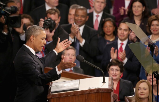 President Barack Obama acknowledges applause before delivering the State of the Union speech before members of Congress in the House chamber of the U.S. Capitol Jan. 12, 2016 in Washington, D.C. In his last State of the Union, President Obama reflected on the past seven years in office and spoke on topics including climate change, gun control, immigration and income inequality.