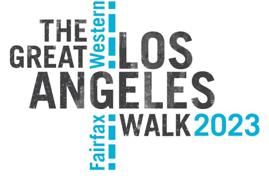 A graphic that reads The Great Los Angeles Walk 2023 with Fairfax and Western in vertical text, resting on a divided blue line as in a roadway.