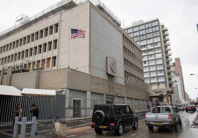 A picture shows the exterior of the US embassy in Tel Aviv on December 6, 2017.
President Donald Trump is set to recognise Jerusalem as Israel's capital, upending decades of careful US policy and ignoring dire warnings from Arab and Western allies alike of a historic misstep that could trigger a surge of violence in the Middle East. / AFP PHOTO / JACK GUEZ        (Photo credit should read JACK GUEZ/AFP/Getty Images)