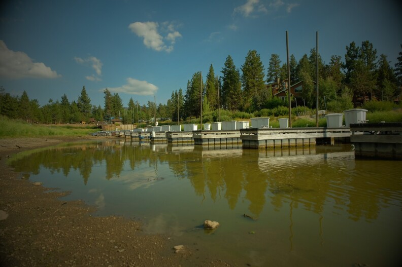 Water is extremely shallow near a row of boat docks