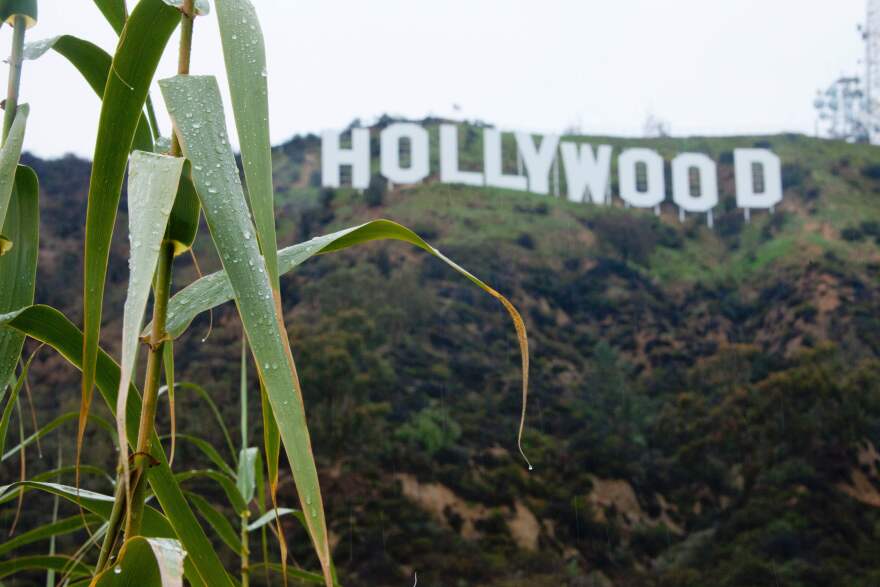 The Hollywood sign is seen during a rain storm in Hollywood, California on January 12, 2017.  
A series of storms that have rolled across California in the past week dumping heavy rain and snow could herald the end of a punishing historic drought, officials said.