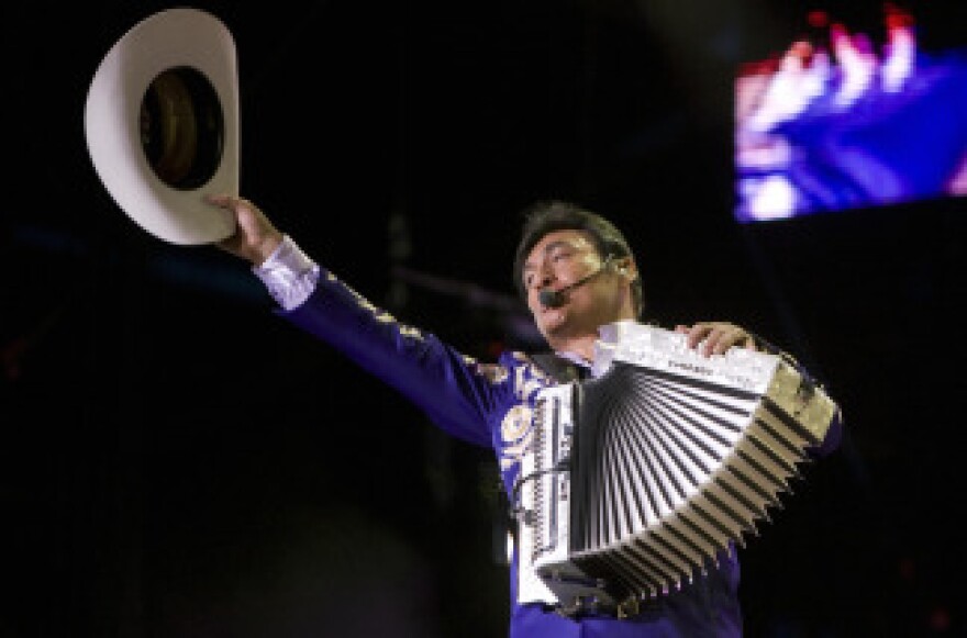 Jorge Hernandez singer and lead of Mexican band Los Tigres del Norte, sings during the ALAS concert at the Zocalo Square in Mexico City, on May 17, 2008. 