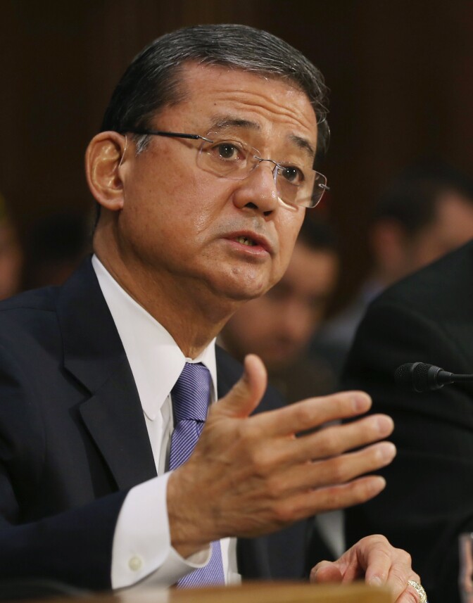 WASHINGTON, DC - MAY 15:  U.S. Veterans Affairs Secretary Eric Shinseki testifies during a Senate Veterans' Affairs Committee hearing that is focusing on wait times veterans face  to get medical care May 15, 2014 in Washington, DC. The American Legion called Monday for the resignation of Shinseki amid reports by former and current VA employees that up to 40 patients may have died because of delayed treatment at an agency hospital in Phoenix, Arizona.  (Photo by Mark Wilson/Getty Images)