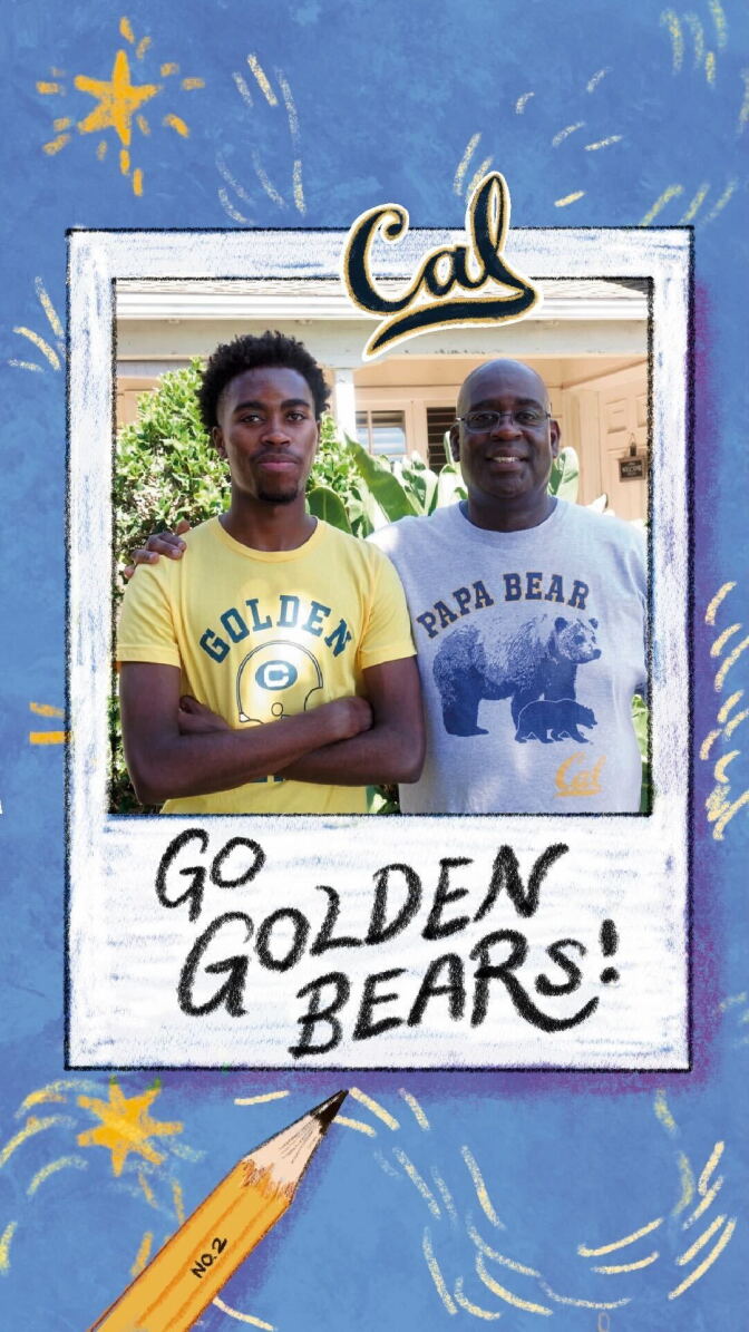 Entering UC Berkeley freshman Miles Bradford stands with his father father Lawrence Bradford in front of their Los Angeles home.