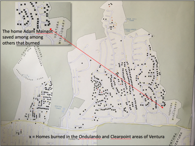 The map shows homes in the Ondulando and Clearpoint neighborhoods that were destroyed in the Thomas Fire, and the arrow indicates a home that was saved by a man who stayed behind after a mandatory evacuation order.