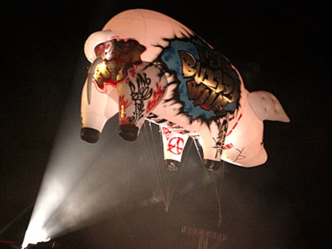 The Pig flies near the stage during Roger Waters performance at day 3 of the Coachella Valley Music And Arts Festival held at the Empire Polo Field on April 27, 2008 in Indio, California.