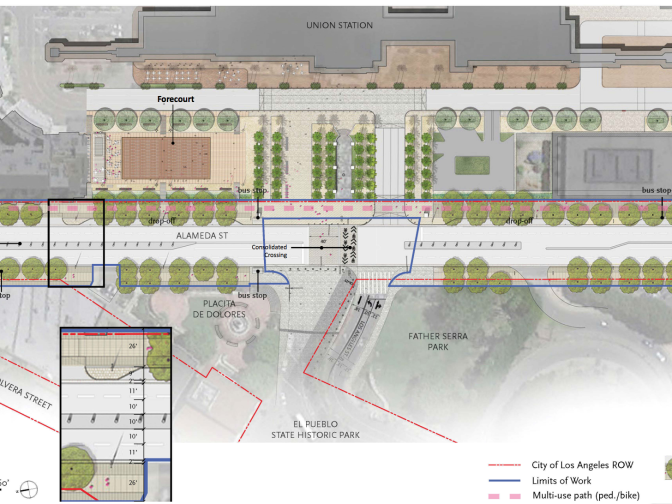 A rendering shows plans for the redesigned forecourt and esplanade of Union Station, which will have a walking and biking path and pedestrianized plaza in place of current parking.
