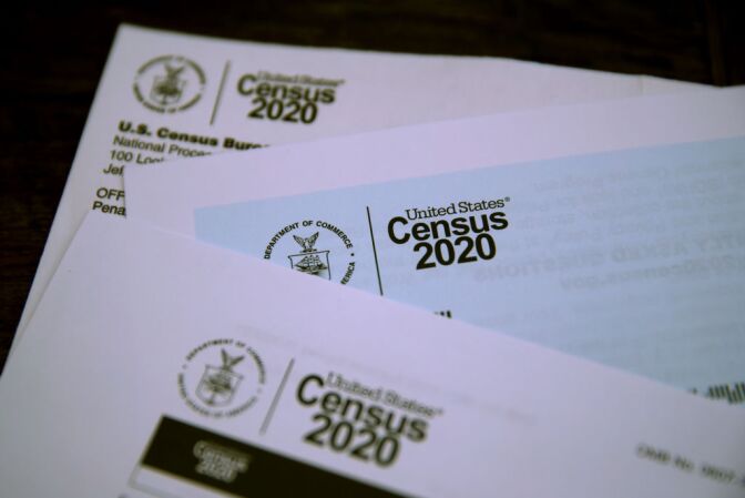SAN ANSELMO, CALIFORNIA - MARCH 19: The U.S. Census logo appears on census materials received in the mail with an invitation to fill out census information online on March 19, 2020 in San Anselmo, California. The U.S. Census Bureau announced that it has suspended census field operations for the next two weeks over concerns of the census workers and their public interactions amid the global coronavirus pandemic. (Photo Illustration by Justin Sullivan/Getty Images)