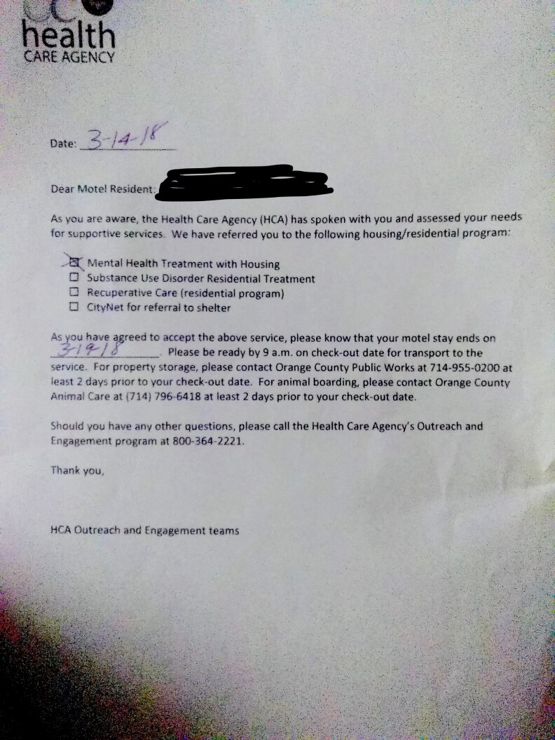 A letter received by one homeless person living in a motel since being evicted from the Santa Ana River, Mar. 14, 2018.