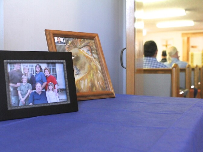 A picture of the McKaig family is displayed outside a memorial for Byron and Gladys McKaig on July 23, 2016, in Kernville, California. The couple was killed in the Erskine fire.
