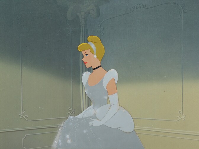 Cinderella in ball gown production cel on a production background from "Cinderella."