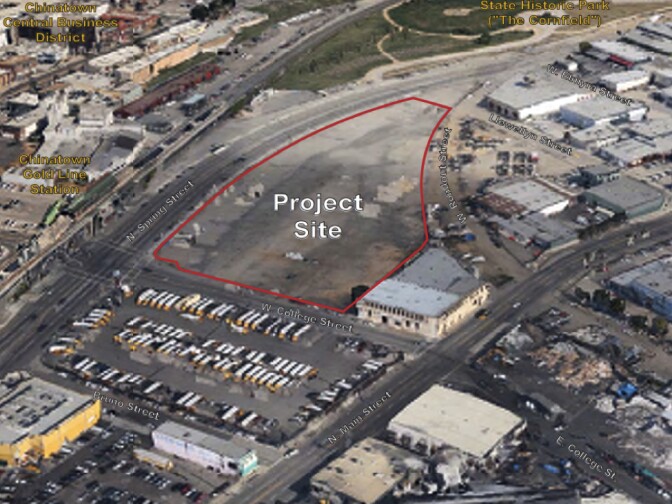 The 5-acre site of Atlas Capital's College Station project is at Spring and College streets, across from the Chinatown Gold Line train station.