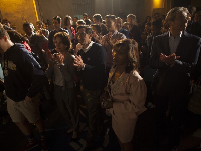 The crowd applauds Wendy Greuel, candidate for the 33rd Congressional District,  during a primary election party at her campaign office in Santa Monica.