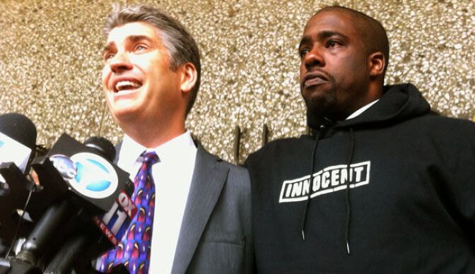 Brian Banks with his attorney Justin Brooks spoke to the media shortly after he was exonerated.