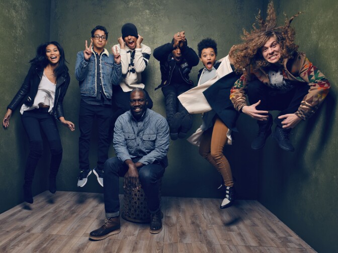 (L-R) Actors Chanel Iman, Tony Revolori, Quincy Brown, director/writer Rick Famuyiwa, actors Shameik Moore, Kiersey Clemons and Blake Anderson from "Dope" pose for a portrait at the Village at the Lift Presented by McDonald's McCafe during the 2015 Sundance Film Festival on January 24, 2015 in Park City, Utah.