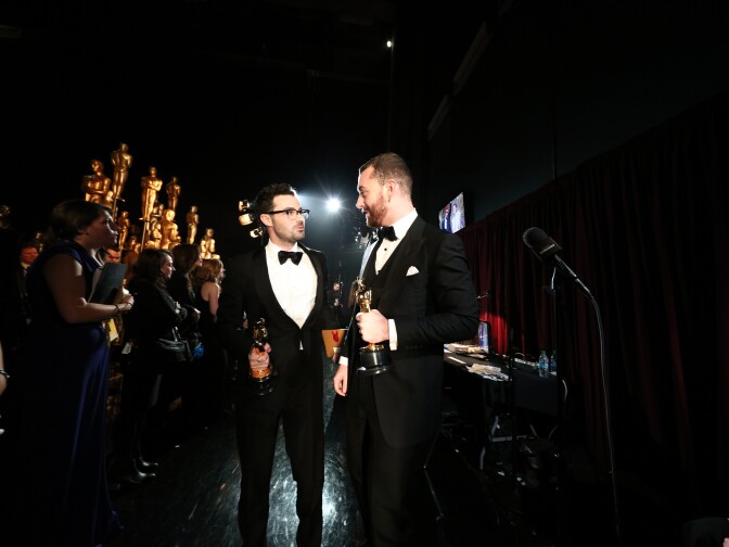 HOLLYWOOD, CA - FEBRUARY 28:  Songwriter Jimmy Napes (L) and singer Sam Smith attend the 88th Annual Academy Awards at Dolby Theatre on February 28, 2016 in Hollywood, California.  (Photo by Christopher Polk/Getty Images)