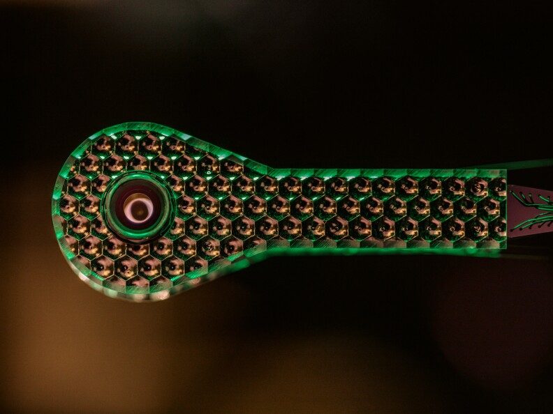 A spoon-like shape has as series of circle shapes surrounded by a green border