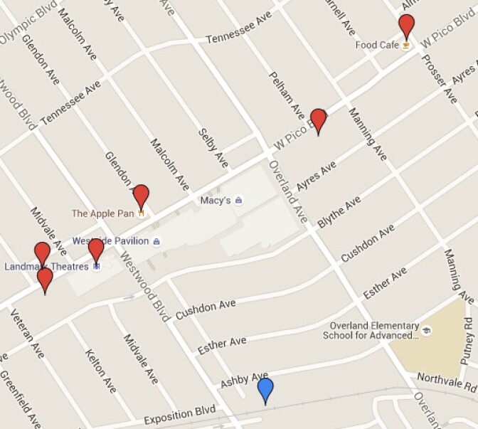 A map of points of interest near the Westwood/Rancho Park station.