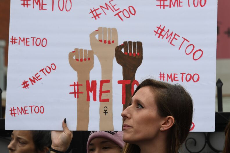 Victims of sexual harassment, sexual assault, sexual abuse and their supporters protest during a #MeToo march in Hollywood, California on November 12, 2017.
Several hundred women gathered in front of the Dolby Theatre in Hollywood before marching to the CNN building to hold a rally. / AFP PHOTO / Mark RALSTON (Photo credit should read MARK RALSTON/AFP/Getty Images)