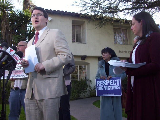Catholics United communications director Chris Pumpelly speaks as the organization delivers a petition asking Cardinal Roger Mahony not to attend the papal conclave, Saturday, Feb. 23, 2013.