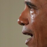 With tears running down his cheeks, U.S. President Barack Obama talks about the victims of the 2012 Sandy Hook Elementary School shooting and about his efforts to increase federal gun control on January 5, 2016 in Washington, DC.