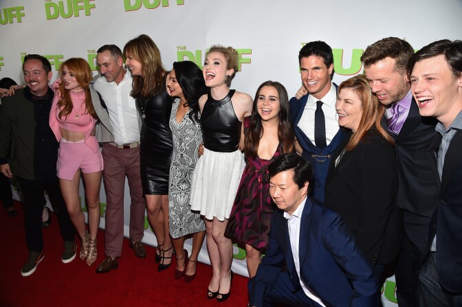 HOLLYWOOD, CA - FEBRUARY 12:  Actors Chris Wylde, Bella Thorne, CBS Films' Mark Ross, actors Bianca Santos, Skylar Samuels, Mae Whitman, Robbie Amell, Ken Jeong, CBS Films Co-President Terry Press, producer McG and actor Nick Eversman attend a Fan Screening of CBS Films' "The Duff" at the TCL Chinese 6 Theatres on February 12, 2015 in Hollywood, California.  (Photo by Alberto E. Rodriguez/Getty Images)