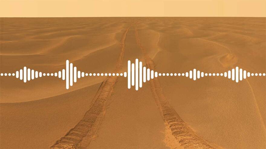 The red surface of Mars, with the horizon in the background, and a soundwave in white in the foreground