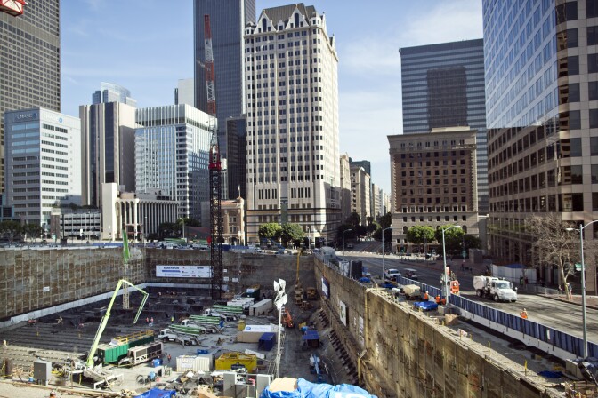 Work continues after the world record 18-hour concrete pour finishes on Sunday, Feb. 16 at the site of the future Wilshire Grand tower.