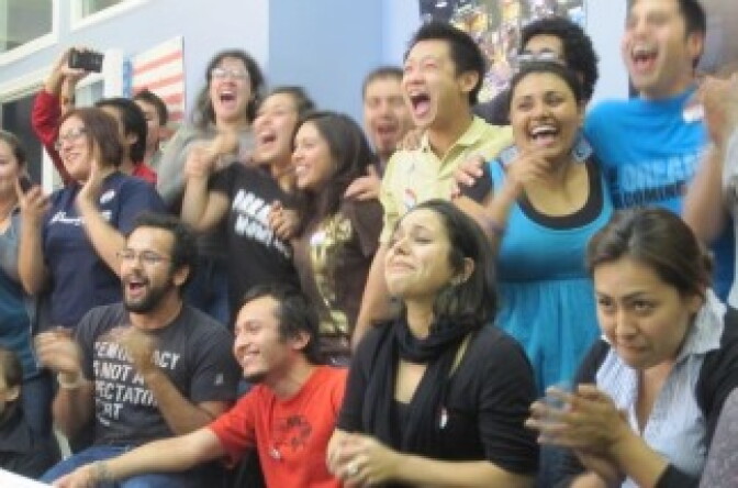 Students at the UCLA Downtown Labor Center in Los Angeles react to news of the Dream Act victory in the House on Dec. 8, 2010. Many had spent the day there calling legislators.
